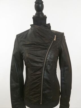 Ottimo Women’s Genuine Leather Jacket Black Leopard Trim Moto Style Size 36 NWT